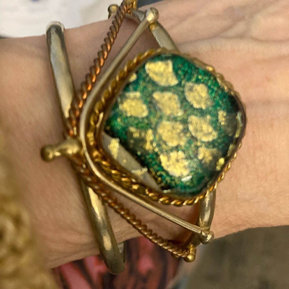 Unique Vintage Cuff Bracelet in Silver & Gold-tone with Green Center Stone.